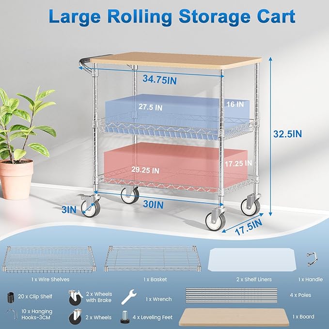 Leteuke Rolling Kitchen Carts with Wheels, 34" L x 17.5" W, 3-Tier Heavy Duty Utility Cart with Wood Tabletop, NSF Commercial Metal Serving Cart with Handle and Shelf Liner for Kitchen, Chrome