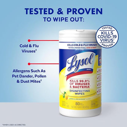 Lysol Disinfectant Wipes Bundle, Dorm Room Essentials, Multi-Surface Cleaning Wipes, For Disinfecting & Cleaning, Lemon & Lime Blossom, Crisp Linen, Mango & Hibiscus, 3x80 ct