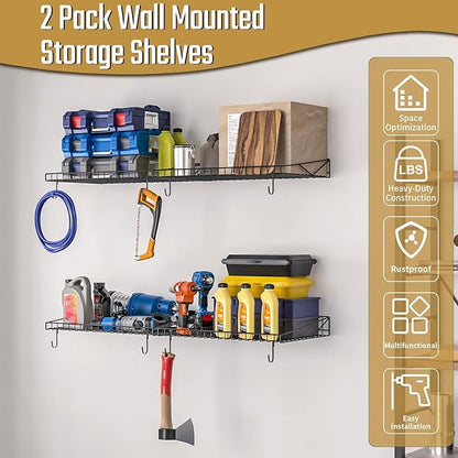 2 Pack Garage Wall Shelf, Garage Wall Mounted Shelving, Heavy Duty Floating Shelves With 4 Hooks, Loads 90 LBS Black Wall Shelves Mesh Storage Rack for Office, Basement, Wall Cabinet and Kitchen