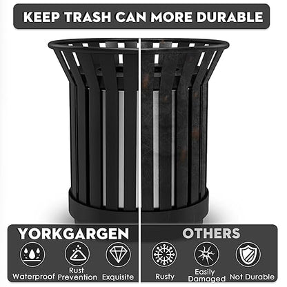 16Gallon/62L Commercial Outdoor & Indoor Metal Trash Can, Outdoor Slatted Trash Receptacle with Metal Linner, All Weather Resistant Large Outside Zone Round Garbage Bin for Street, Park, School-Black