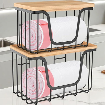 KONE Trash Bag Holder, 2 Pack Garbage Bag Dispenser, Storage Stackable Kitchen Organizer with Bamboo Top, Wall Mount Laundry Pantry Organization Black
