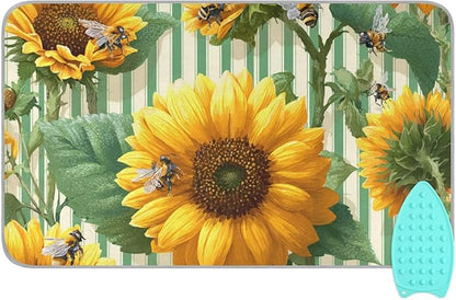 Green Striped Sunflowers and Bees Ironing Mat for Table top Portable Ironing Pad Blanket for Washer Dryer Countertop Travel
