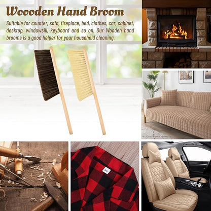 2 Pieces Woooden Dust Brush Hand Broom Bench Brush with Long Wood Handle Whisk Broom Soft Bristle Brush for Counter Bed Sofa Car Fireplace Clothes Household Cleaning(Brown, Khaki)