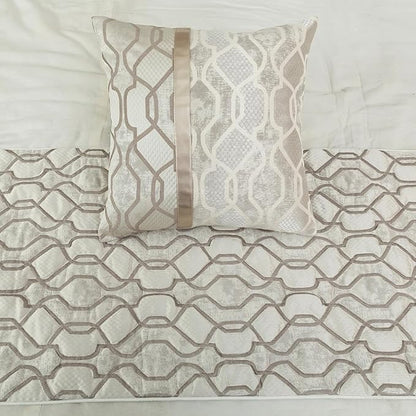 The HomeCentric King/Queen/Twin Ivory & Silver Decorative CA King 86"x18" Bed Runner Without Pillow Cover, Lattice & Quilted Bed Scarf on Jacquard Silk Fabric - Ivory Delicacy