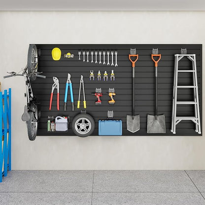 DoCred Slatwall Paneling Organizer, 4x7.5 FT PVC Garage Slat Wall Storage Systems, Heavy Duty Mounted Slat Peg Board for Tool Organization Ladder Bike Rack (Black)