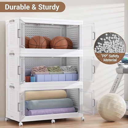 BROVIEW 52.7"H 150Gal Plastic Storage Bins with Lid & Wheels,3Pack Extra Large Stackable Storage Bins with Dividers,Closet Organizers and Storage Cabinet Collapsible Box Shelves for Home Kitchen,White