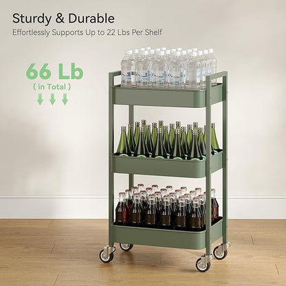 3 Tier Rolling Cart,Utility Cart with Locking Wheels, Hanging Cups,&Hooks, Heavy Duty Metal Storage Organizer Cart for Kitchen,Office, Bathroom,Craft Room,Green