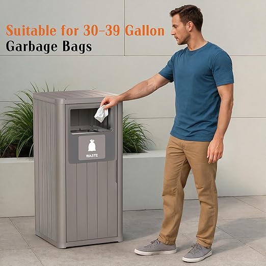 ROJIK 35" Tall Outdoor Trash Can,Weatherproof Resin Garbage Indoor Durable Lightweight,Suitable for Patio Office Kitchen,Easy to Clean,Assemble (Waste,Grey)
