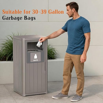 ROJIK 35" Tall Outdoor Trash Can,Weatherproof Resin Garbage Indoor Durable Lightweight,Suitable for Patio Office Kitchen,Easy to Clean,Assemble (Waste,Grey)