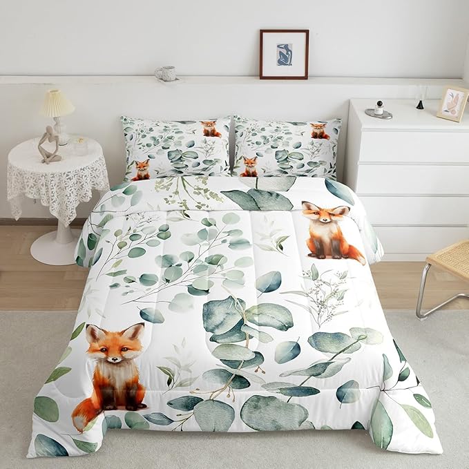 Erosebridal Girls Cartoon Animal Bedding King Size for Kids Toddler Kawaii Fox Comforter Set King, Woodland Wildlife Duvet Insert Jungle Wild Fox Quilt Set, Green Eucalyptus Bedding Comforters & Sets