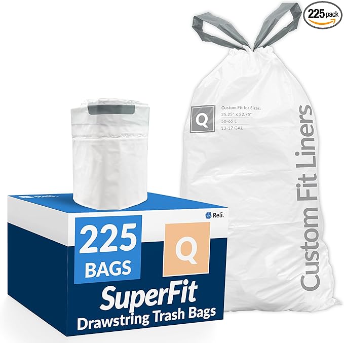 Reli. SuperFit Code Q (225 Count) | Compatible with Simplehuman Code Q | Custom Fit Liners | Drawstring Trash Bags | 50-65 Liter / 13-17 Gallon | White | Roll Pack