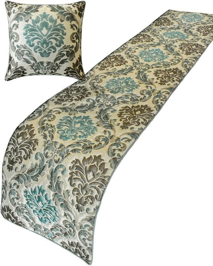 The HomeCentric King/Queen/Twin Blue Decorative CA King 86"x18" Bed Runner with Pillow Cover, Damask Bed Scarf on Jacquard Fabric - Royal Elegance
