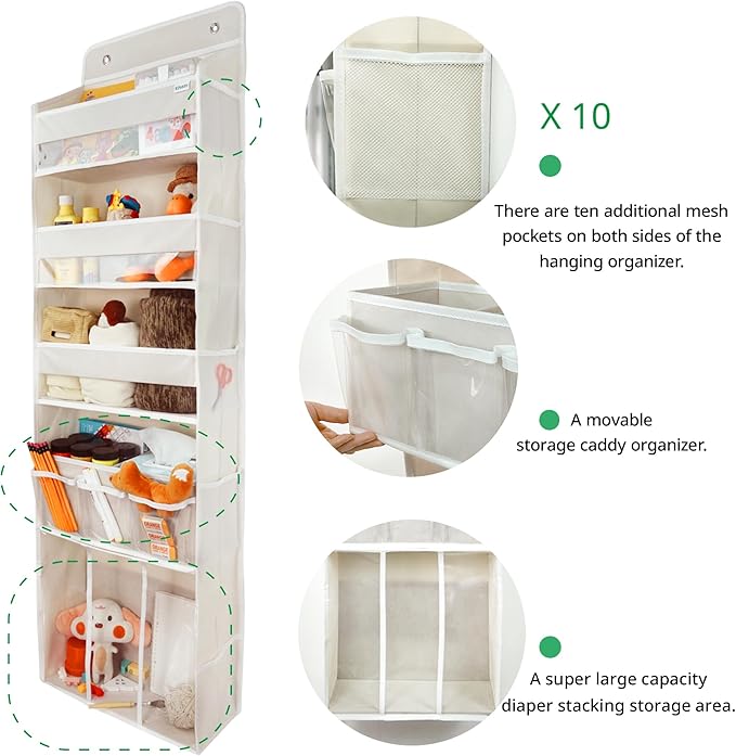 Door Hanging Storage Organizer,with 3 Bins 1 Movable Baby Diaper Caddy,1 Large capacity diaper stacking storage Organizer,10 Side Pockets ,Bedroom Door Storage for Nursery Baby Essentials. (Beige)
