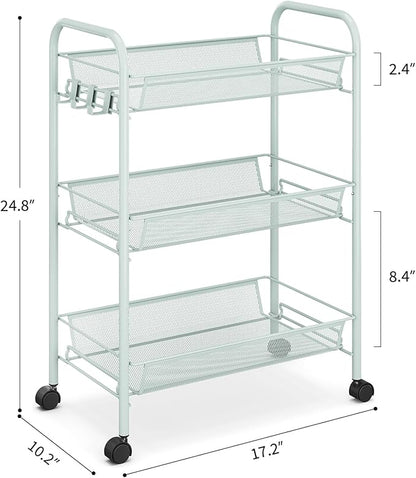 TOOLF 3-Tier Metal Rolling Cart, Mesh Wire Easy Assemble Utility Cart, Storage Trolley on Wheels with 3 Hooks, MetalStorage Shelving Units for Kitchen Bathroom Laundry Room