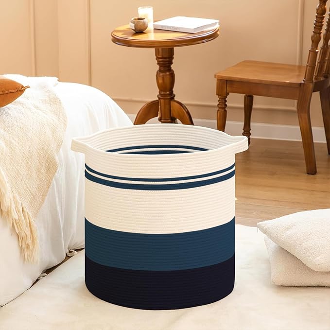 OIAHOMY 80L Laundry Baskets Hamper with Handles,Decorative Basket for Living room,Woven Storage Basket for Toys Bin,Pillows, Blankets,Clothes-20x18in-Gradient Blue