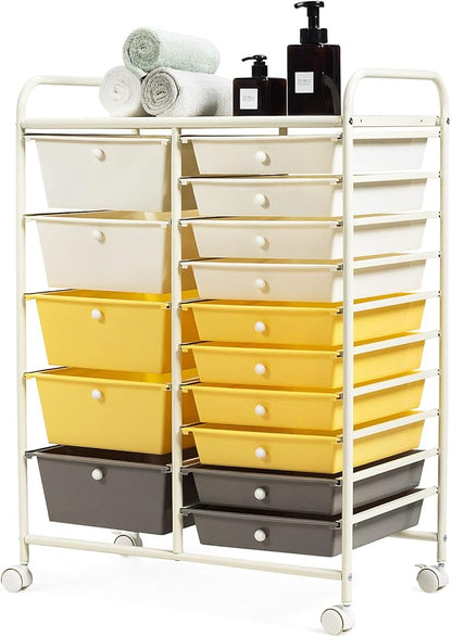 GOFLAME 15-Drawer Rolling Storage Cart, Multipurpose Movable Organizer, Utility Cart for Home, Office, School, Yellow