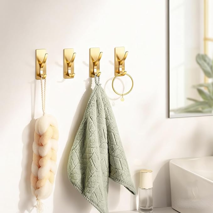 pickpiff Self Adhesive Coat Hooks for Hanging, Heavy Duty Stainless Double Wall Hook for Towel, Backpack, Hat, Sturdy Metal Hanger for Bathroom, Bedroom, Door, Wall Mounted, 6-Pack, Brushed Gold