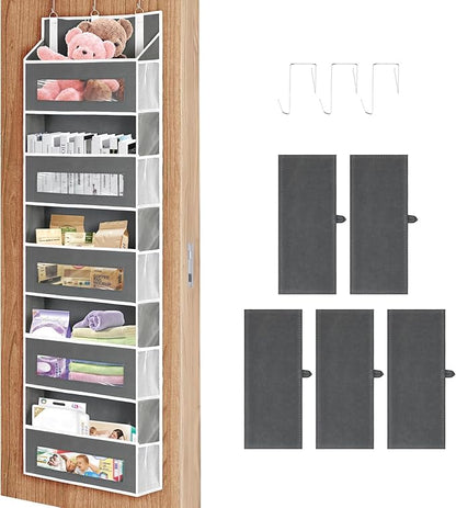 5-Tier Over The Door Storage Organizer with 10 Side Mesh Pockets, 48 lbs Load Capacity, 3 Hooks Design, Door Hanging Organizer with Clear Windows for Bathroom, Bedroom, Nursery, Kitchen-Grey