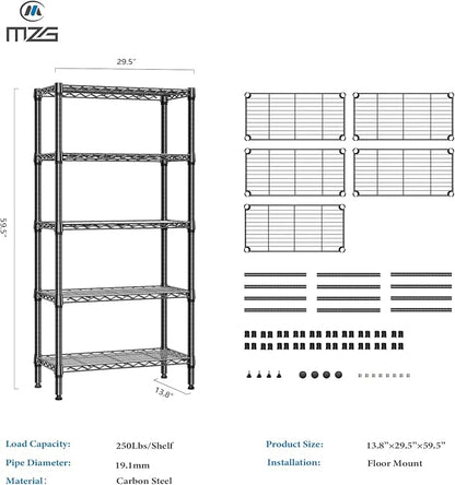 1250 lbs 5 Tier Shelf Metal Storage Shelves Shelving Wire Rack Heavy Duty Closet Organizers for Garage Kitchen Bathroom Laundry Black 13.8" D x 29.5" W x 59.5" H