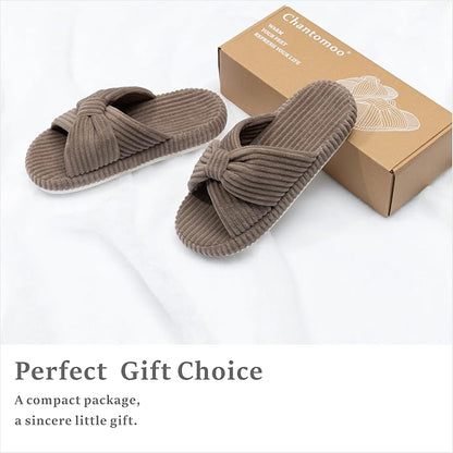 Chantomoo Slippers for Women Memory Foam House Bedroom Corduroy Bow Crossbands Slide Slipper Shoes Comfy Trendy Gift Slippers