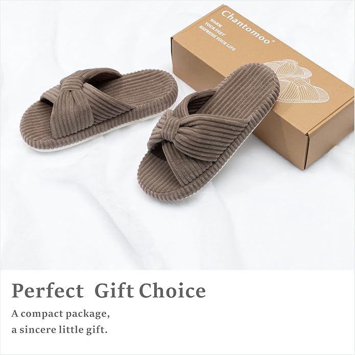 Chantomoo Slippers for Women Memory Foam House Bedroom Corduroy Bow Crossbands Slide Slipper Shoes Comfy Trendy Gift Slippers