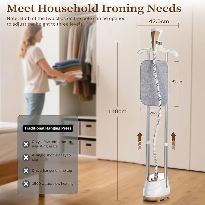 Steamer for Clothes,1800W Standing Garment Steamer with Adjustable Double Rod,Flat and Hanging Ironing,Clothes Steamers with 10 Ironing Modes,30s Fast Heat-up