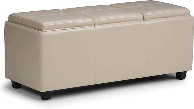 SIMPLIHOME Avalon 42 inch Wide Contemporary Rectangle Storage Ottoman in Satin Cream Vegan Faux Leather, Assembled, for the Living Room, Entryway and Family Room