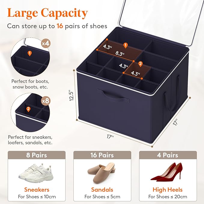 Lifewit Shoe Storage Organizer for Closet Fits 12-16 Pairs, Fabric Large Shoe Box Storage Containers with Clear Cover, Foldable Bins Fit for Boots Heels Sneakers 17"(L) x 17"(W) x 12.5"(H) 2 Pack Blue