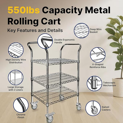Northsky 3-Shelf Wire Utility Cart on Wheels, Chrome Finish Rolling Metal Shelving with Wheels, 550lb Capacity, 24" x 18" x 44.1", 3 Tier Rolling Cart for Kitchen Bar Storage Use