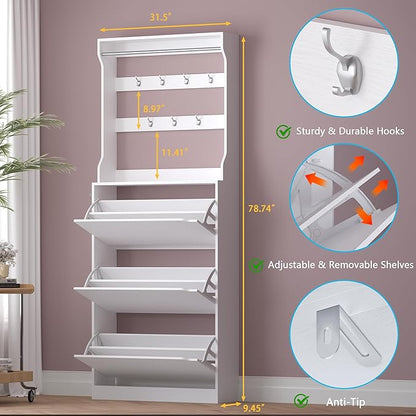 Shoe Cabinet with 3 Flip Drawers & Coat Rack, Narrow Hidden Shoe Storage Cabinet, 2-in-1 Hall Tree Slim Freestanding Shoe Rack Organizer for Entryway, Hallway, and Living Room