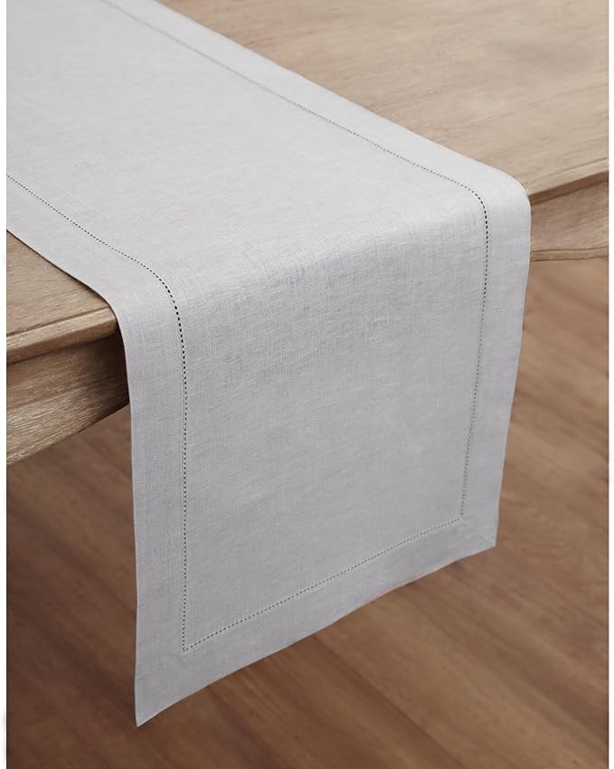 Solino Home Linen Soft Grey Table Runner 36 Inches - Classic Hemstitch, 100% Pure Linen Coffee Table Runner 14 x 36 Inch Ideal for Dresser Tables - Winter, Christmas, New Year