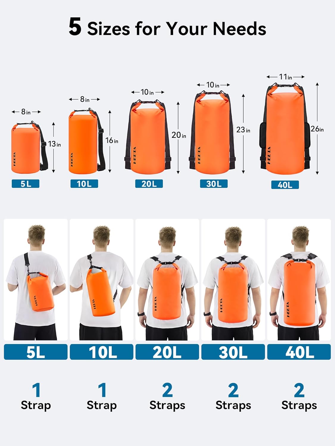 HEETA Waterproof Dry Bag for Women Men(Upgraded Version) 5L/10L/20L/30L/40L Roll Top Lightweight Dry Storage Bag Backpack with Emergency Whistle for Travel, Swimming, Boating, Kayaking, Camping, Beach