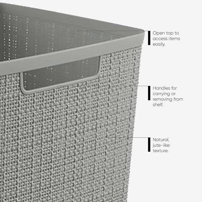 Curver Jute Decorative Plastic Organization and Storage Basket Perfect Bins for Home Office, Closet Shelves, Kitchen Pantry and All Bedroom Essentials, Set of 8 Grey