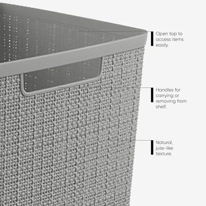 Curver Jute Decorative Plastic Organization and Storage Basket Perfect Bins for Home Office, Closet Shelves, Kitchen Pantry and All Bedroom Essentials, Set of 8 Grey