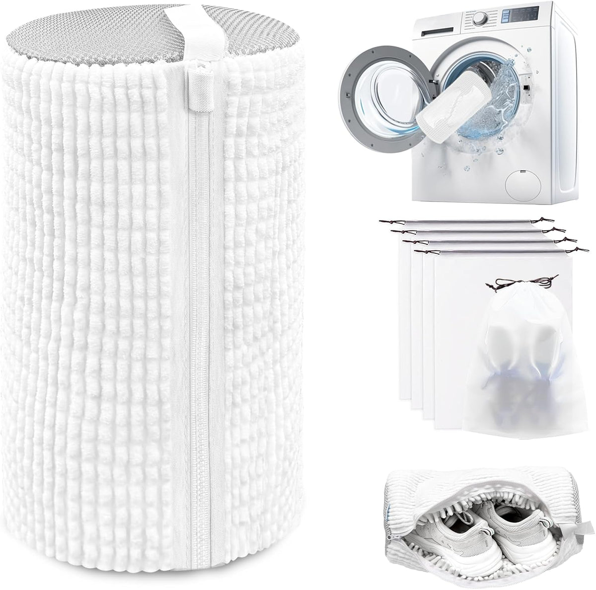 Shoe Washing Machine Bag,Laundry Shoe Bag for Washer and Dryer,Reusable Shoe Cleaning Bag for Sneakers,Tennis Shoes,With Self-locking Zipper, Microfiber Inside,Include Shoes Storage Bag (White(1PC))