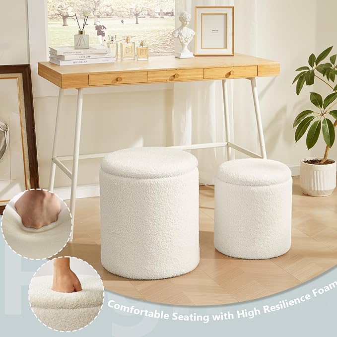 Boucle Round Ottoman with Storage Set of 2,Small Foot Stool Ottoman for Living Room, Small Coffee Table,Vanity Stool with Storage for Bedroom, White