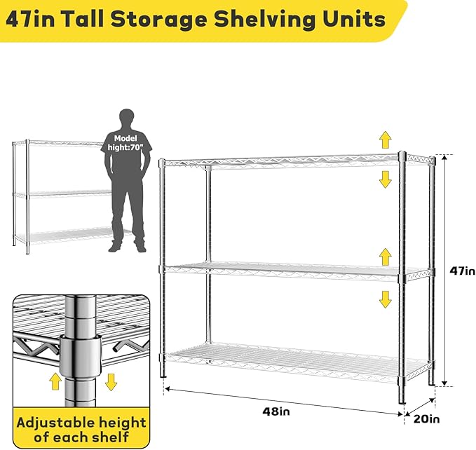Storage Shelves, 48" L x 20" W x 47" H Heavy Duty Garage Wire Shelving Unit Loads 1200LBS, 3-Tier Adjustable Metal Industrial Utility Shelf Rack for Kitchen, Laundry Room, Basement