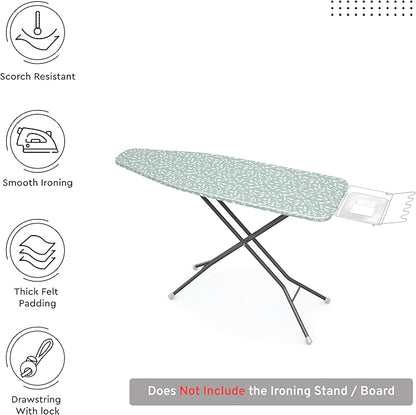 Encasa XO Ironing Board Cover and Pad 49"x18" - Thick 3mm Felt Padding, Drawstring Tightening & Lock, Easy Fit, Scorch & Stain Resistant, Fits Wide Ironing Board - Green Leaflet
