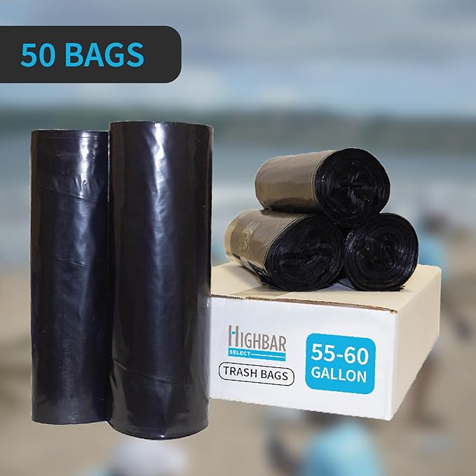 Industrial Grade 50 Count Black Trash Bags, 55-60 Gallon, 2.0 Mil, 36 x 58, Extra Strength, Heavy Duty, Tear and Puncture Resistant, No Ears, Unscented, Durable, No Ties, Made in USA