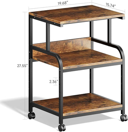 Warmiehomy Printer Stand, 20×16×28'' Printer Table with Wheels, 3 Tier Rolling Cart with Adjustable Storage Shelf, Space Saving 3D Desk for Home Office, Mini Fridge & Heat Press Stand, Rustic Brown