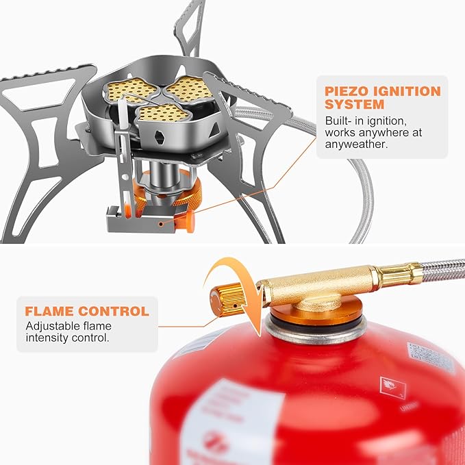 WADEO 6800W Windproof Camping Stove, Backpacking Stove with Piezo Ignition and Fuel Canister Adapters, Camping Gas Stove for Outdoor Backpacking Hiking and Picnic