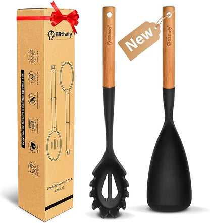 Silicone Cooking Spoon and Pasta Fork Set, 2 Pack Large Spatula Spoons Set with Wooden Handle, Nonstick Multifunction Spoon for Cooking, Serving, Mixing and Spaghetti (Black)