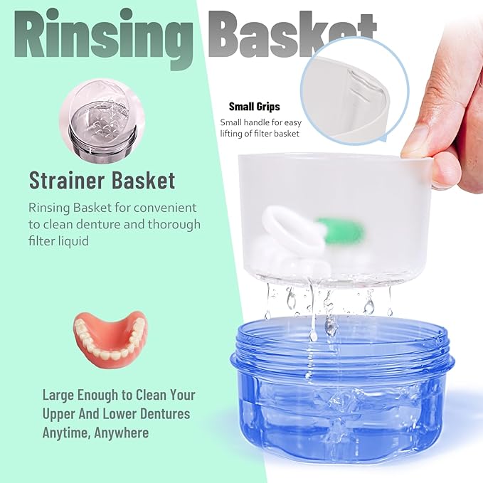 Leak Proof Portable Denture Bath Case Denture Cleaning Cup, False Teeth Holder Mouthguard Night Guard Container Box Retainer Soaking Case for Travel, Household, Office - Transparent Blue