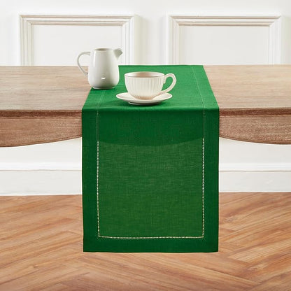 Solino Home Linen Garden Green Table Runner 90 Inches Long - 100% Pure Linen Hemstitch 14 x 90 Inch Table Runner for Dining, Christmas, Winter, New Year - Classic Hemstitch
