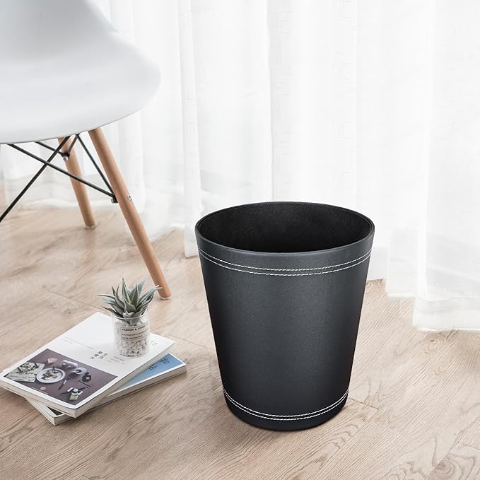 KINGFOM 3 Pack PU Leather Small Office Trash Can Wastebasket, Round Garbage Container Bin for Bathrooms, Powder Rooms, Kitchens, Home, Bedroom, High-Class Hotel, Black