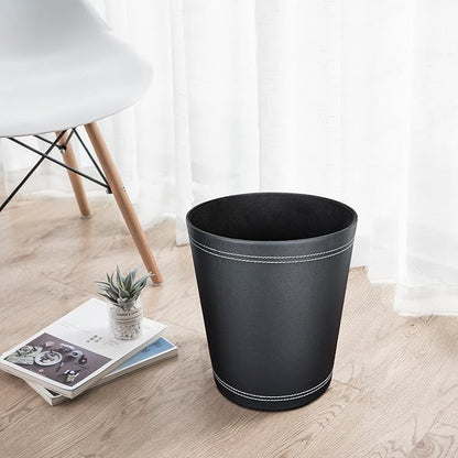 KINGFOM 3 Pack PU Leather Small Office Trash Can Wastebasket, Round Garbage Container Bin for Bathrooms, Powder Rooms, Kitchens, Home, Bedroom, High-Class Hotel, Black