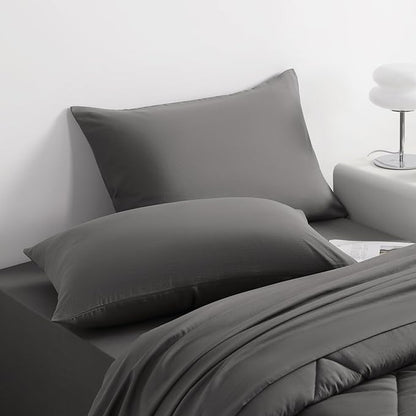 NTBAY Twin Comforter Set with Sheets, 5 Pieces Soft and Breathable Twin Bedding Set, Twin Bed in a Bag, Down Alternative Comforter Set Solid Color All Season, Kids Bedding Set, Dark Grey