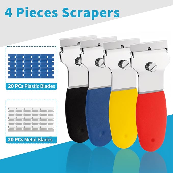 4 Pack Razor Blade Scraper, with 20 Metal & 20 Plastic Blades, Multi-Purpose Cleaning Remover Tool for Glass Caulk, Adhesive, Wall, Stovetop, Paint, Window, Sticker, Tile, Label Decals