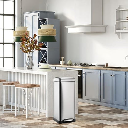 8 Gal/30L Slim Trash Can, Rectangular Step-On Stainless Steel Garbage Can, Soft-Close Lid, Anti-Fingerprint Surface, Recycling Bin with Removable Inner Basket, for Kitchen Dining Room, Silver