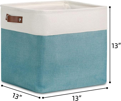 DULLEMELO Cube Basket for Storage, Collapsible Fabric Cube for Organizing, Storage Cube for Closet, Laundry, Nursery, Shelves, Decorative Basket for Gifts Empty (White&Teal)